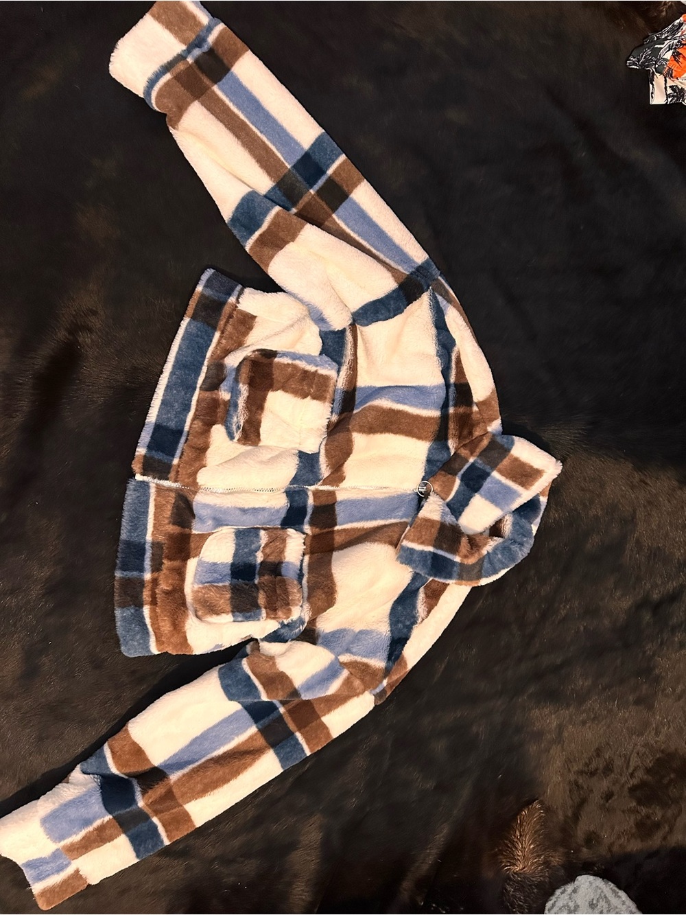Ci Sono women’s Plaid Fleece Pajama Jacket - Blue, Brown & White